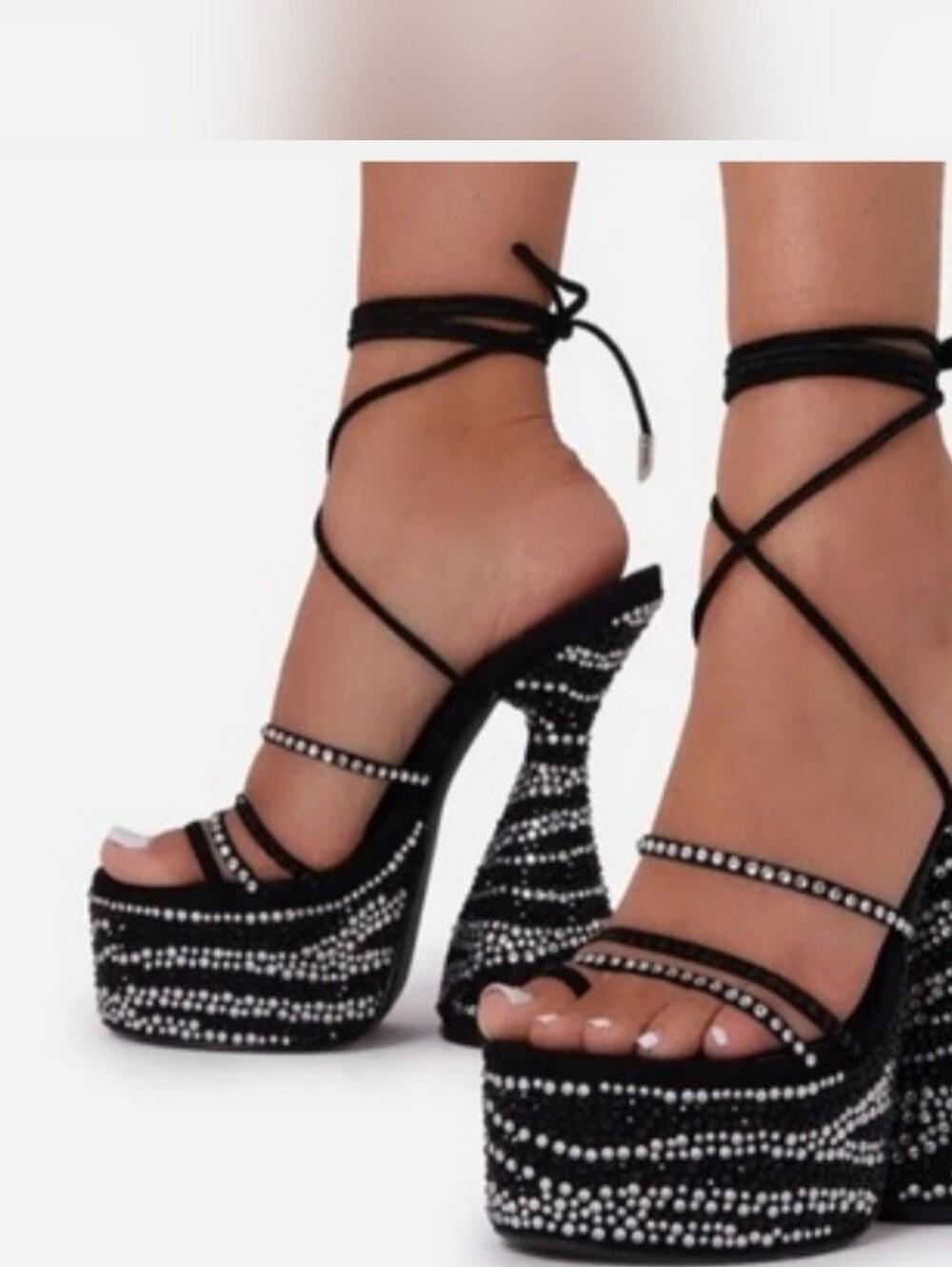 Bite Me Diamente Detail Lace Up Peep Toe Lace Up EGO platform statement heel. 11